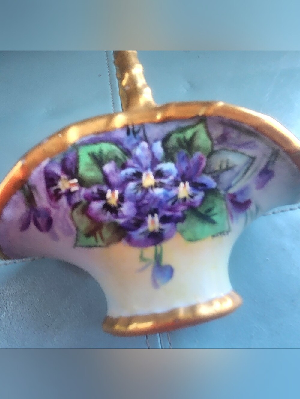 Vtg LIMOGES Purple Hand-Painted Violets Floral Porcelain Basket Gold Accents B&C